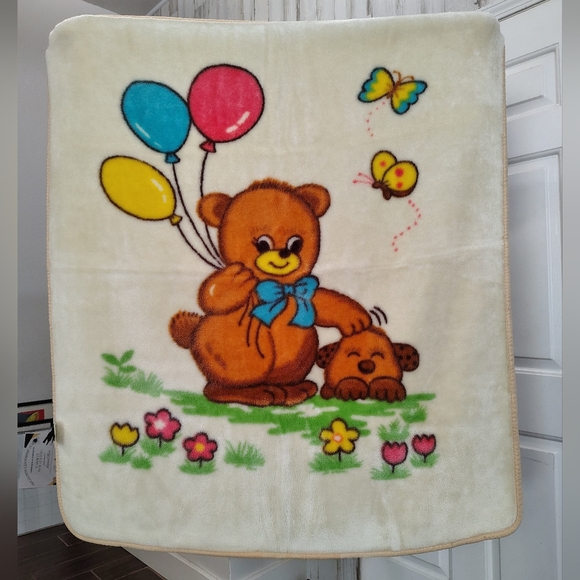 Vintage Baby Blanket Teddy Bear Balloons Puppy Butterfly Pale Yellow